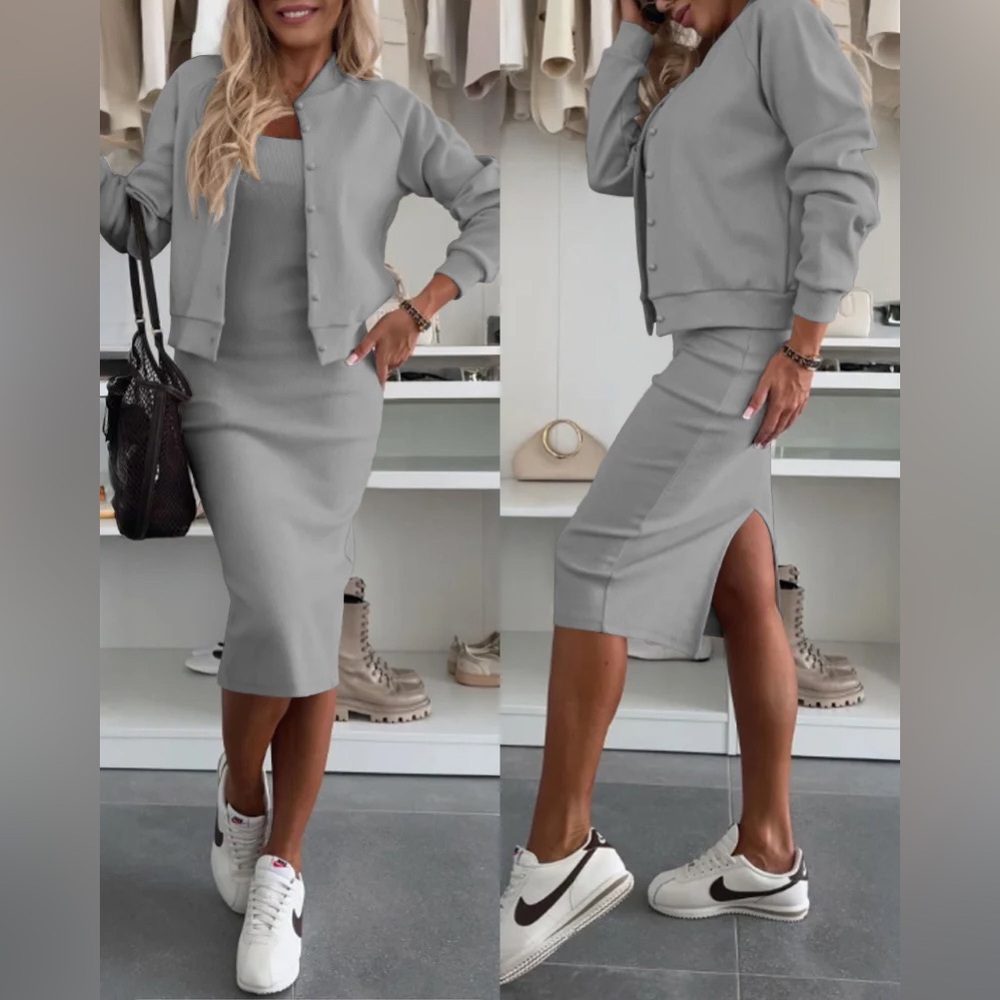 Elegant Gray Women's dress and sweater set